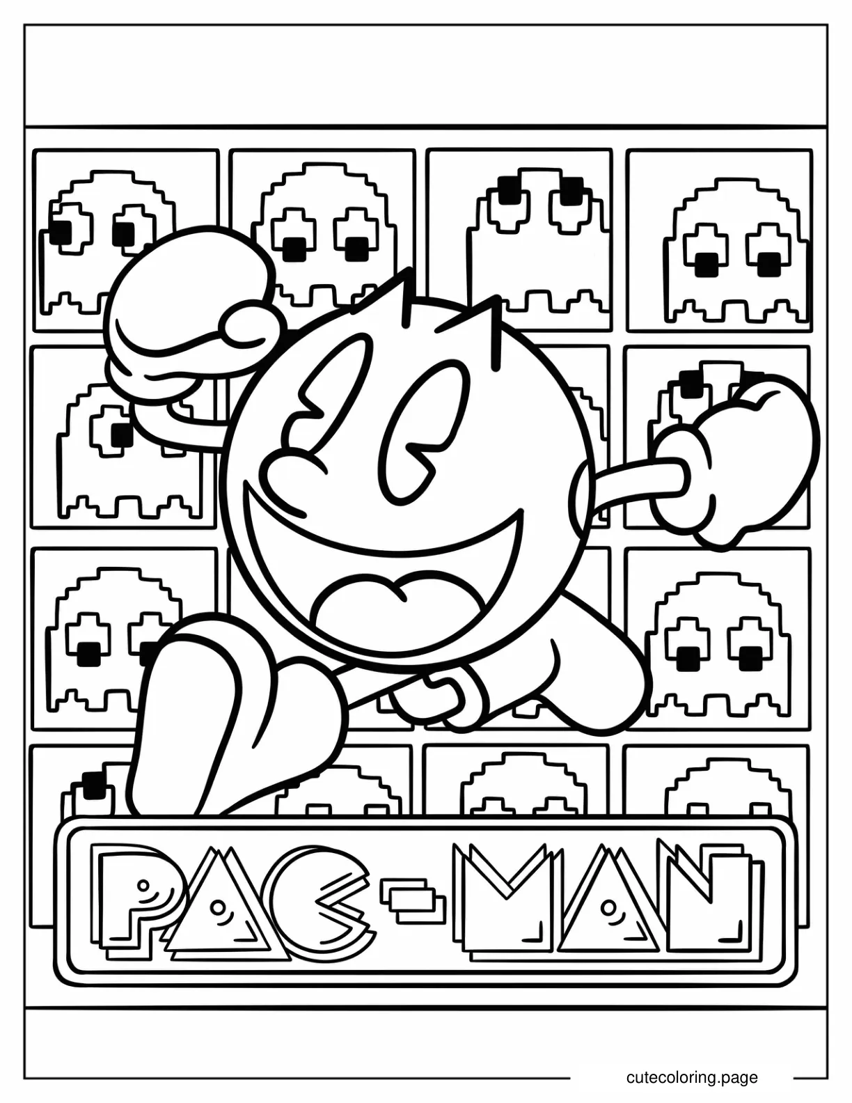 Detailed Pac Man Running With Ghost Icons In Background Poster Coloring Sheet coloring page