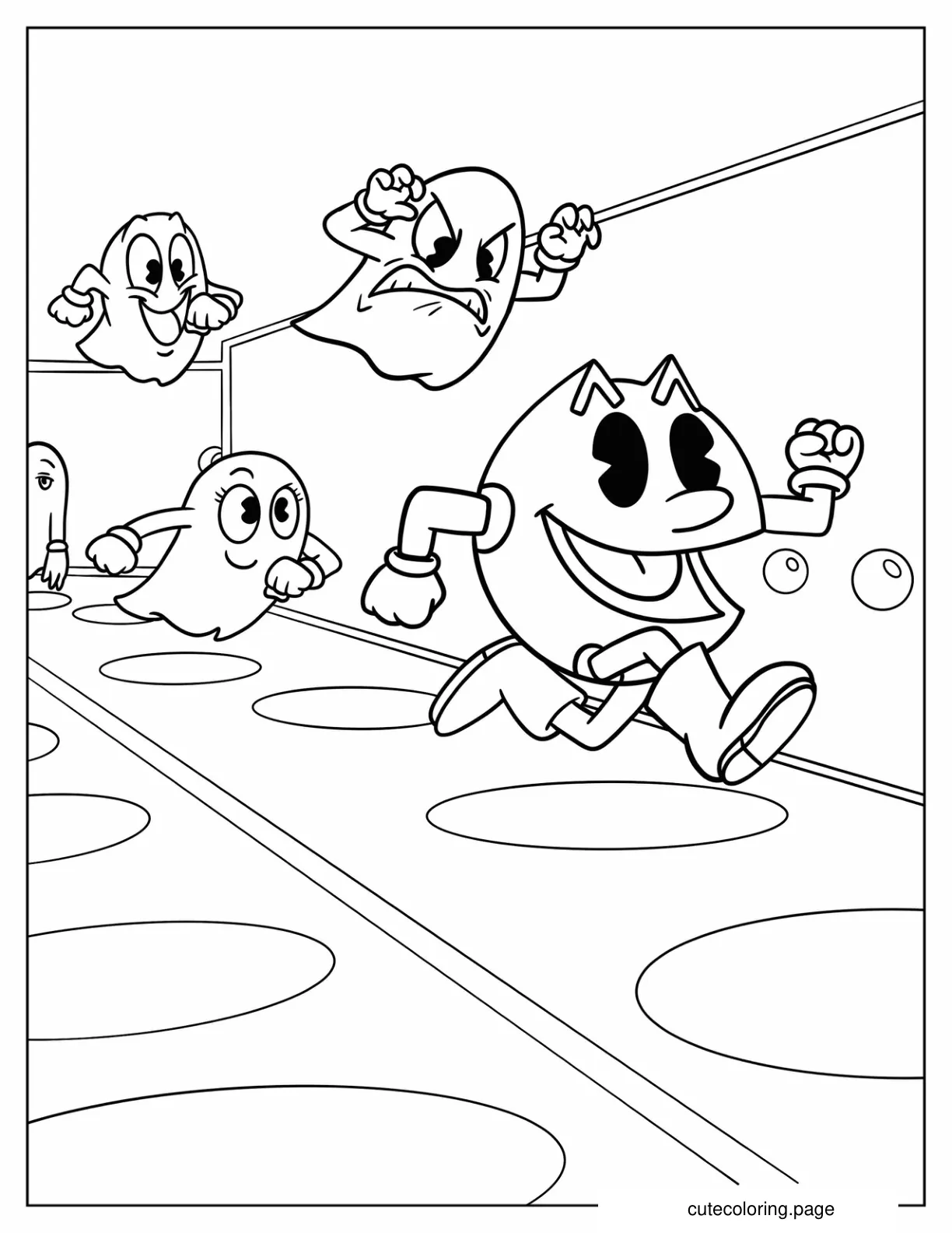 Inky Blinky Pinky And Clyde Ghosts Chasing Pac Man In Maze coloring page