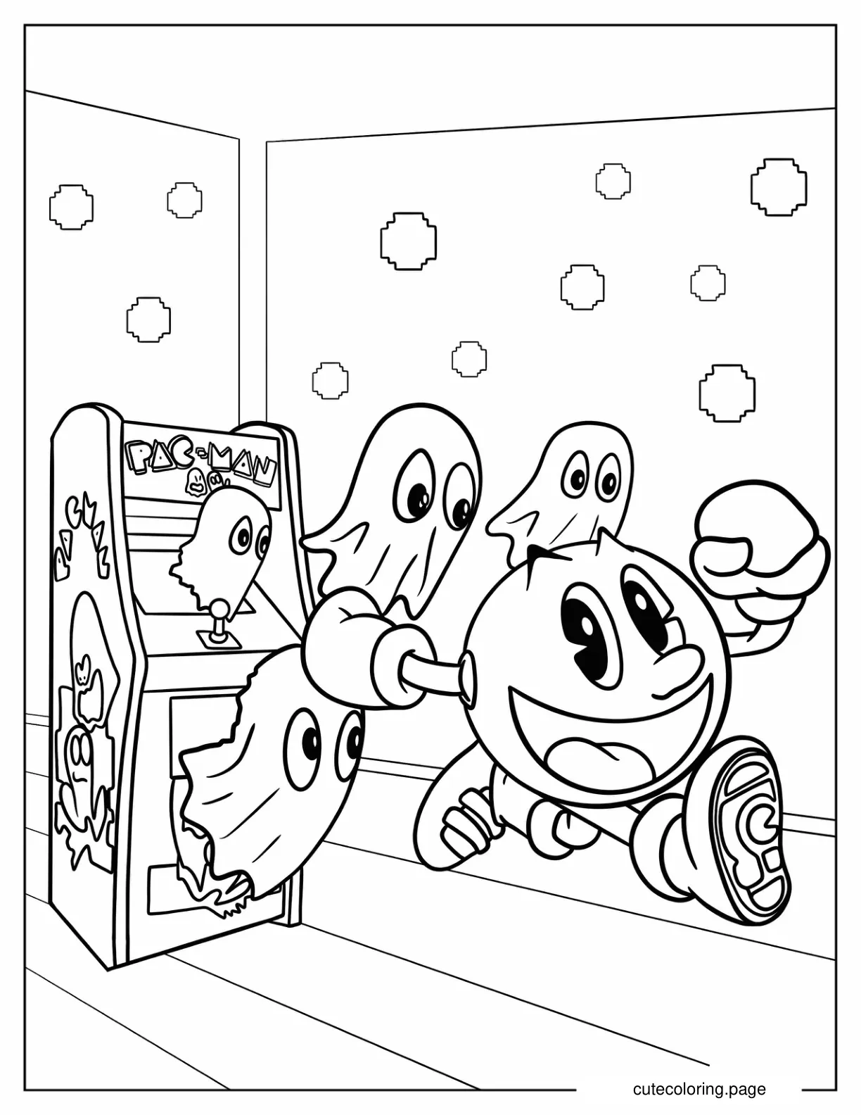 Pac Man And Ghosts Leaping Out Of Arcade Machine Coloring Sheet coloring page