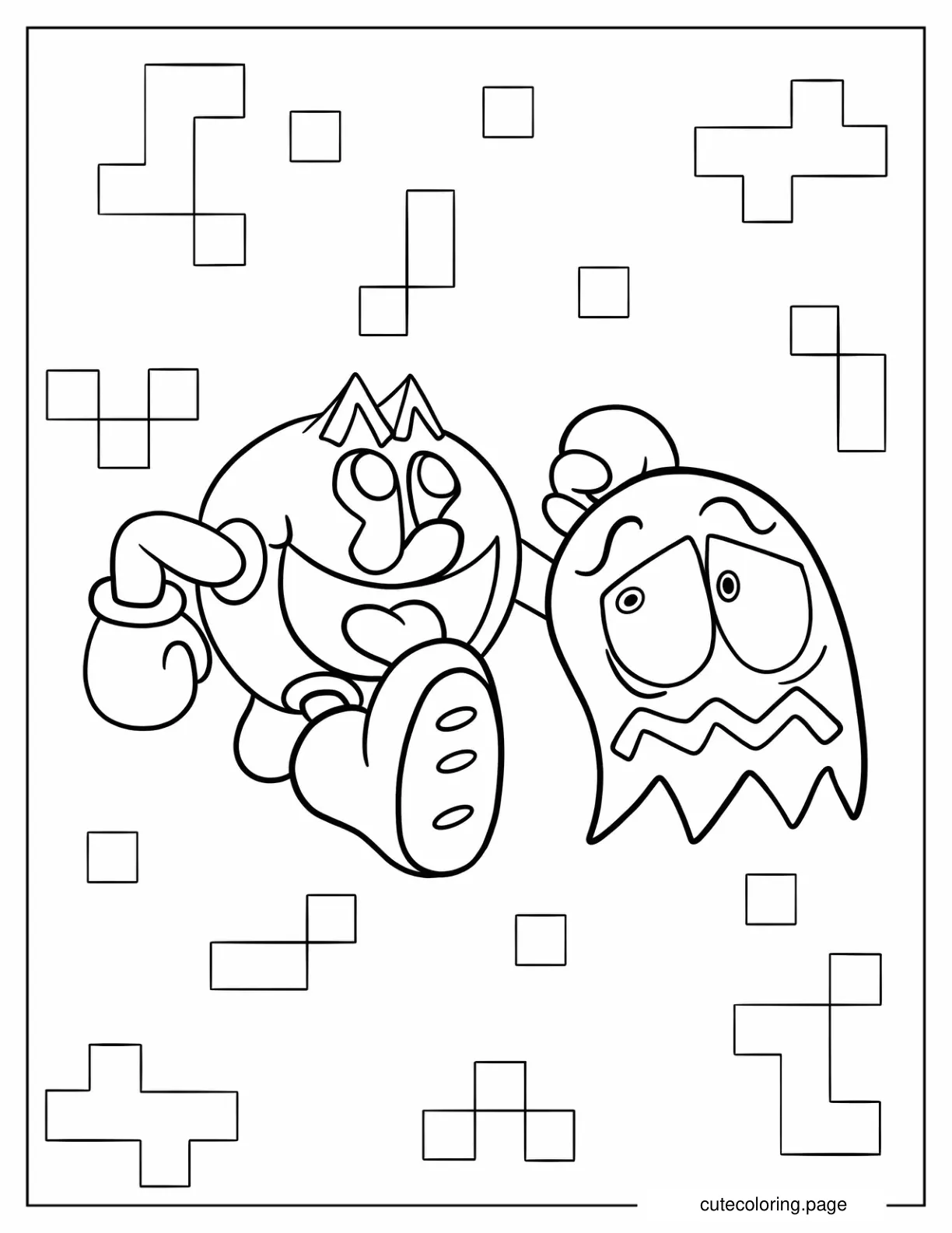 Pac Man Running Towards Cyan Ghost Coloring Page coloring page