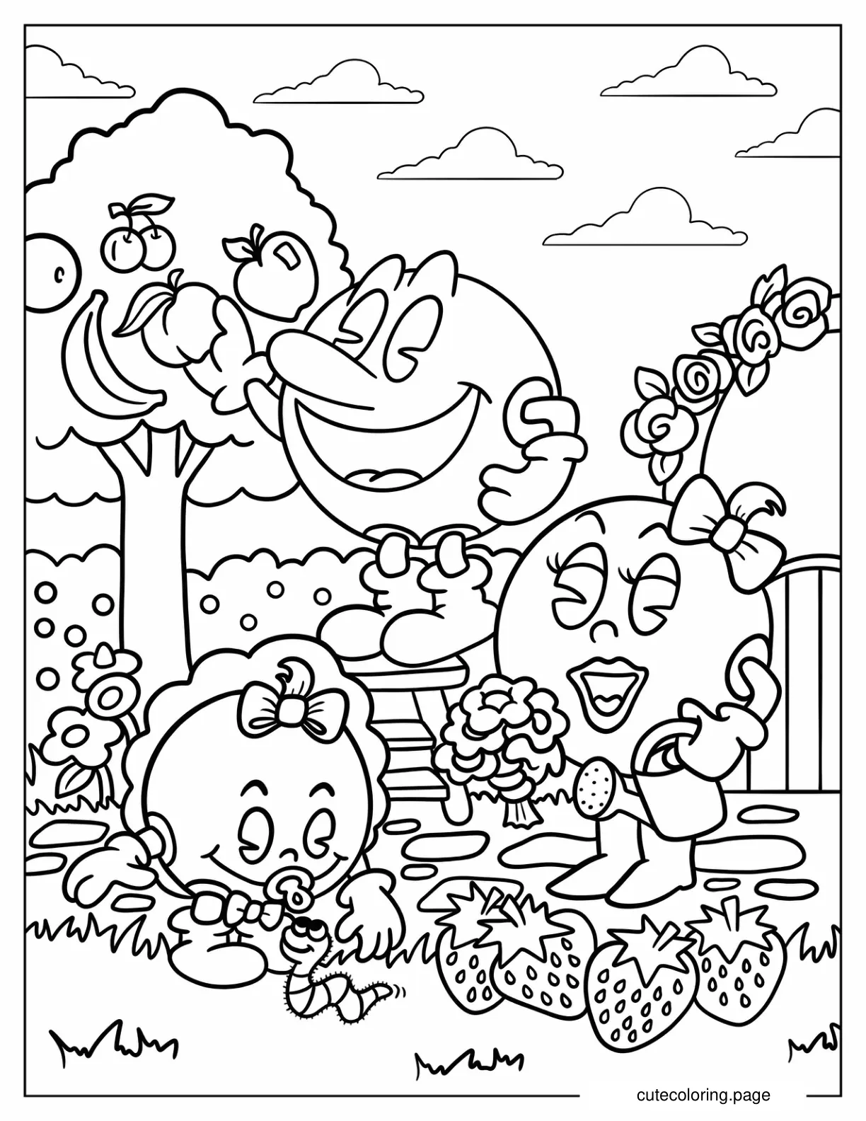 Pac Man With Mrs. Pac Man And Baby In The Garden coloring page