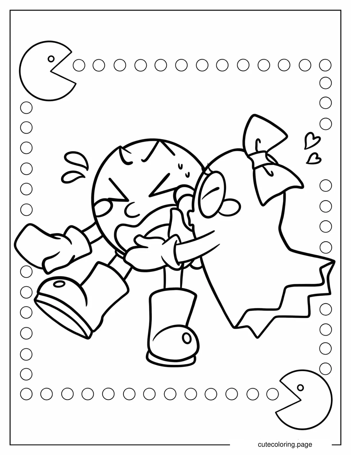 Pinky Ghost Kissing Pac Man On The Cheek Coloring Sheet coloring page