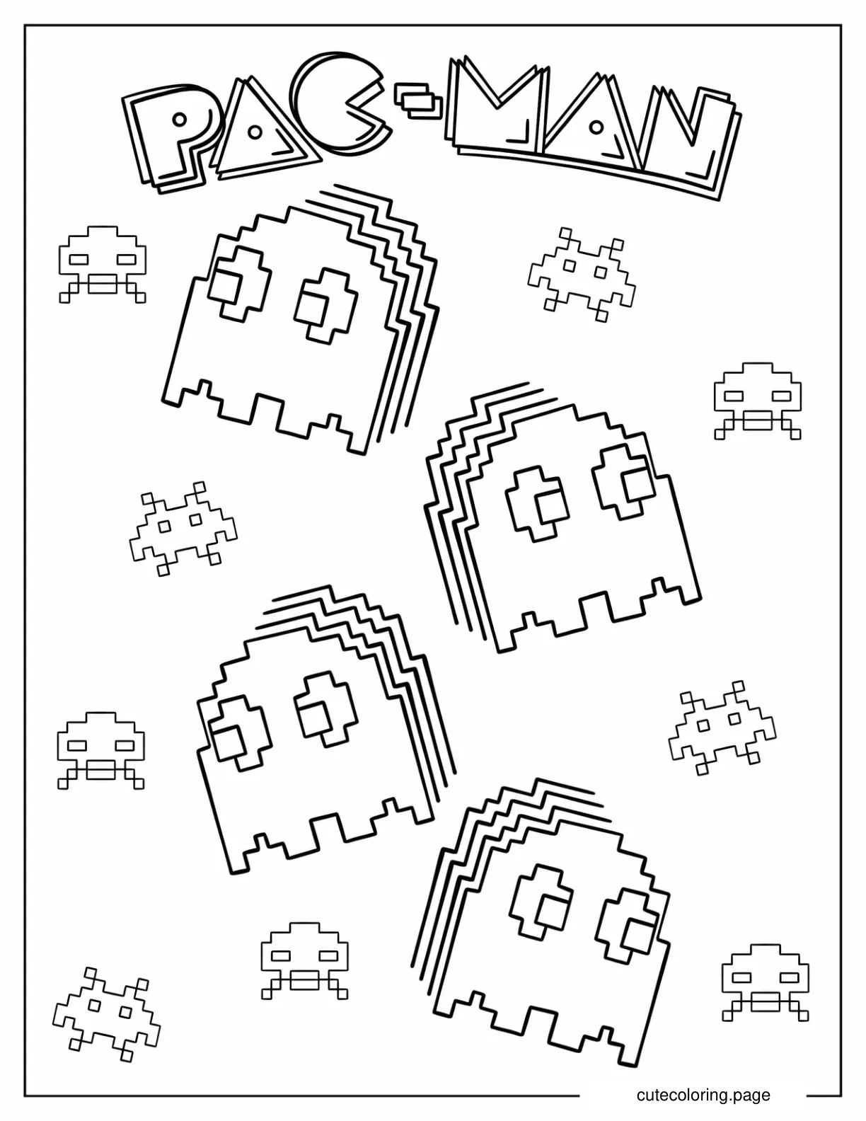 Retro Pixelated Pac Man Ghosts Coloring Page coloring page