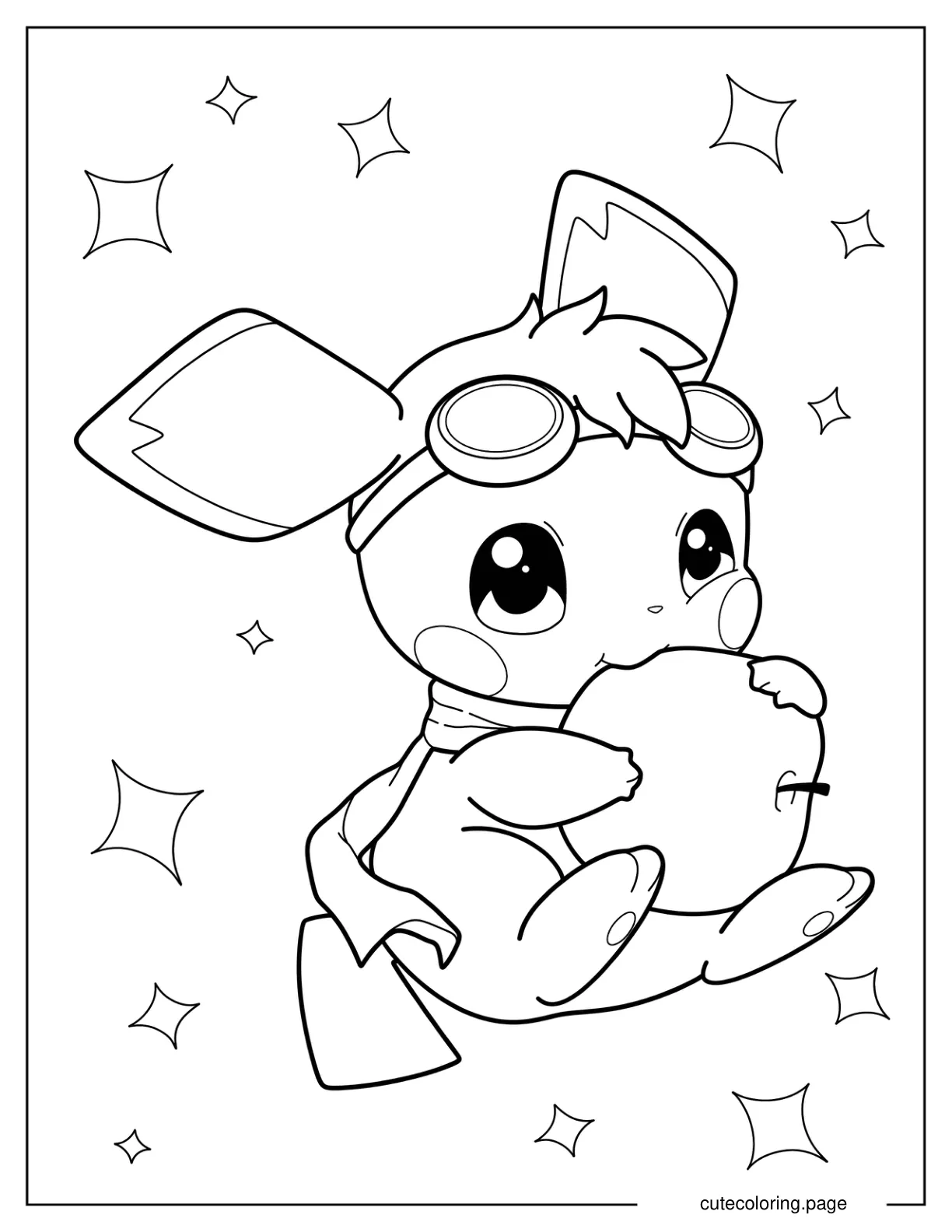 Adorable Pichu Wearing Goggles And Biting An Apple coloring page