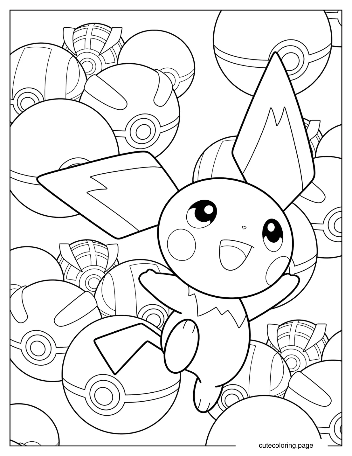 Kawaii Pichu With Pokeballs In The Background Coloring Page coloring page