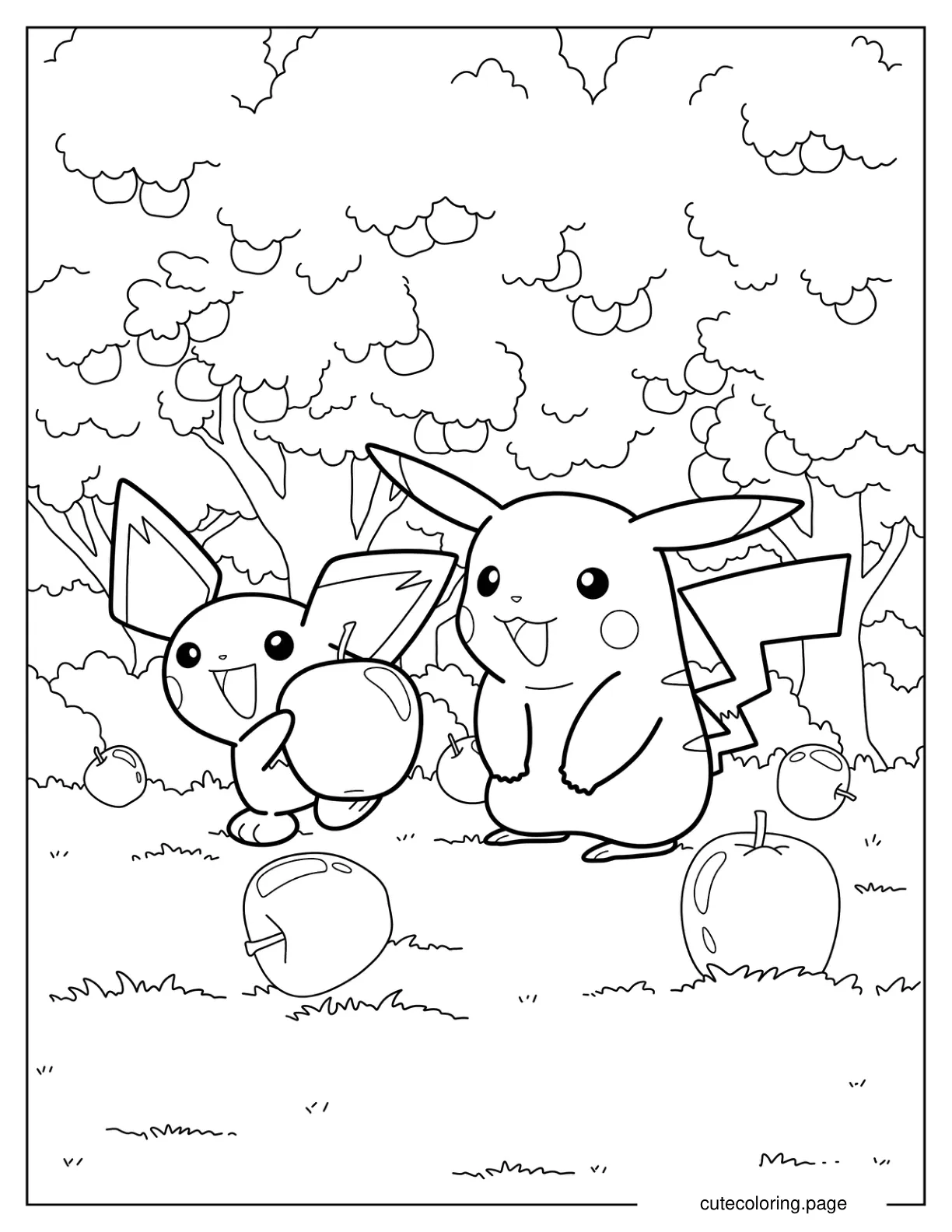 Pichu Collecting Apples With Pikachu Coloring Page For Kids coloring page