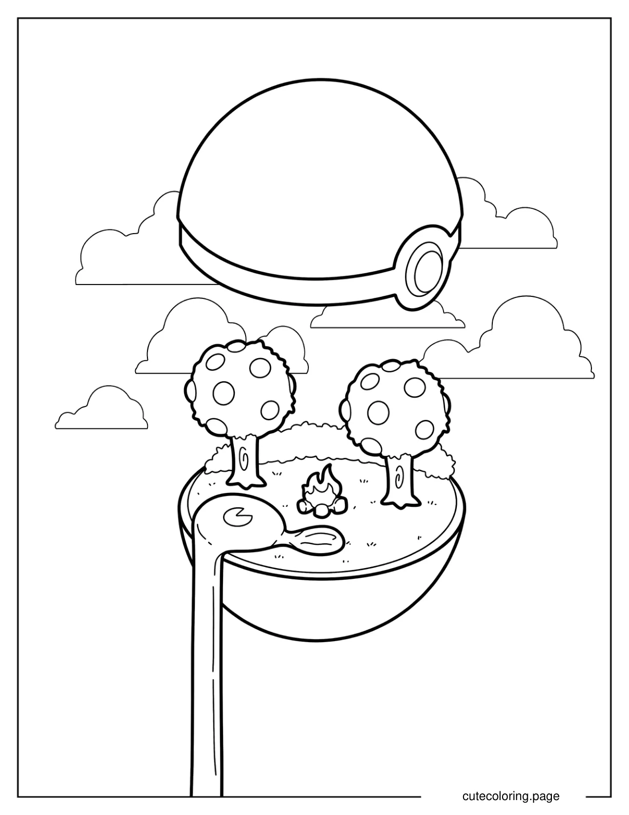 Cute Mini World Inside Pokeball Coloring Sheet For Kids coloring page