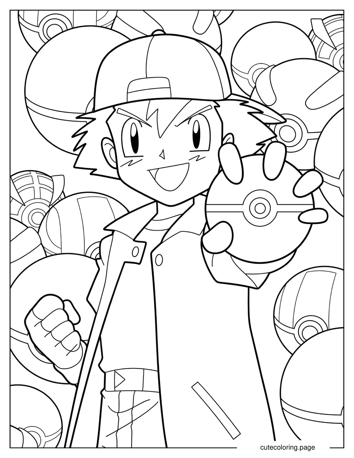 Pokemon Trainer Ash Holding Up A Poke Ball coloring page