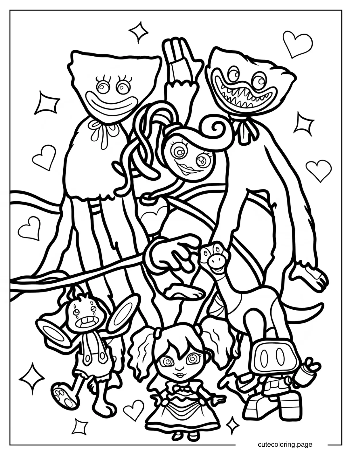 Mommy Long Legs Huggy Wuggy Kissy Missy Poppy Bron Boogie Bot And Bunzo Bunny coloring page