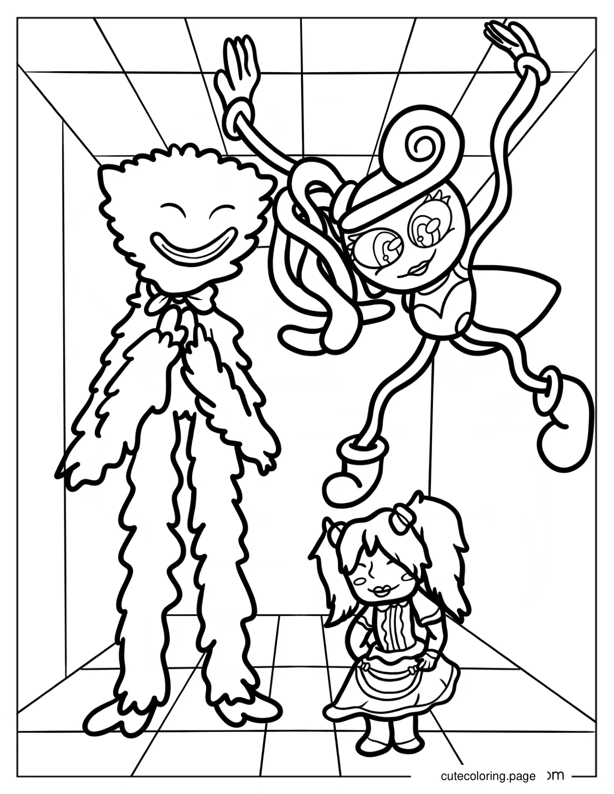 Poppy In A Room With Mommy Long Legs And Huggy Wuggy coloring page