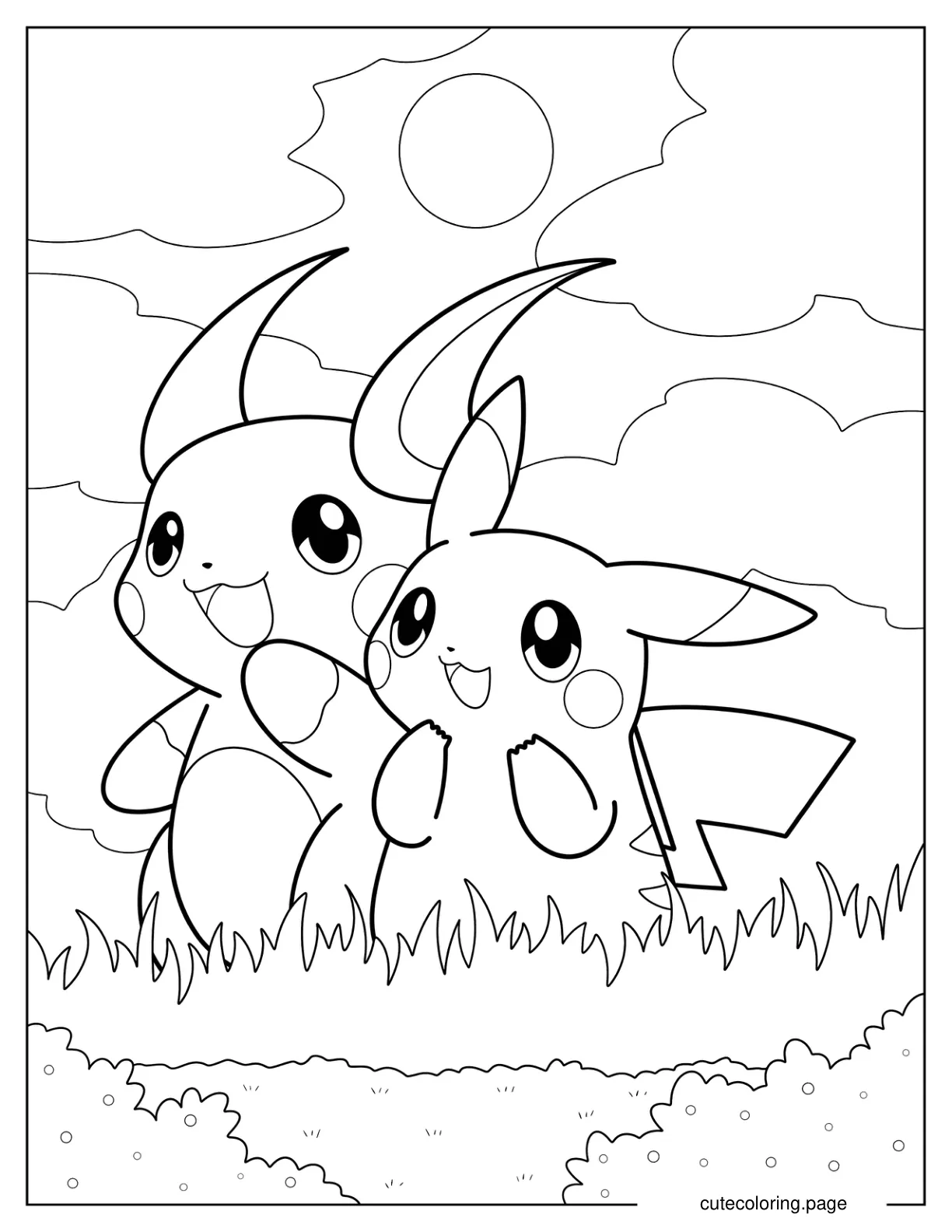 Happy Pikachu And Raichu On A Field coloring page