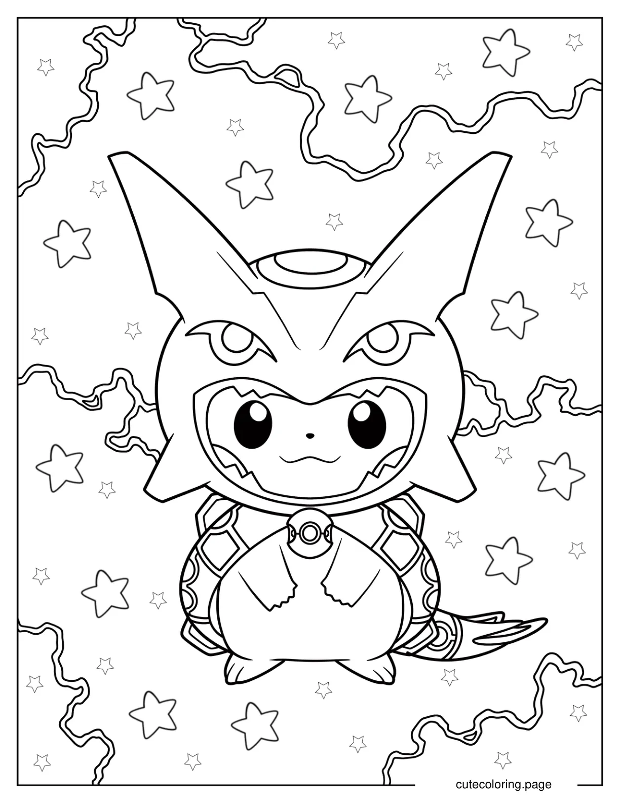 Kawaii Pikachu In Rayquaza Costume Coloring Page For Kids coloring page