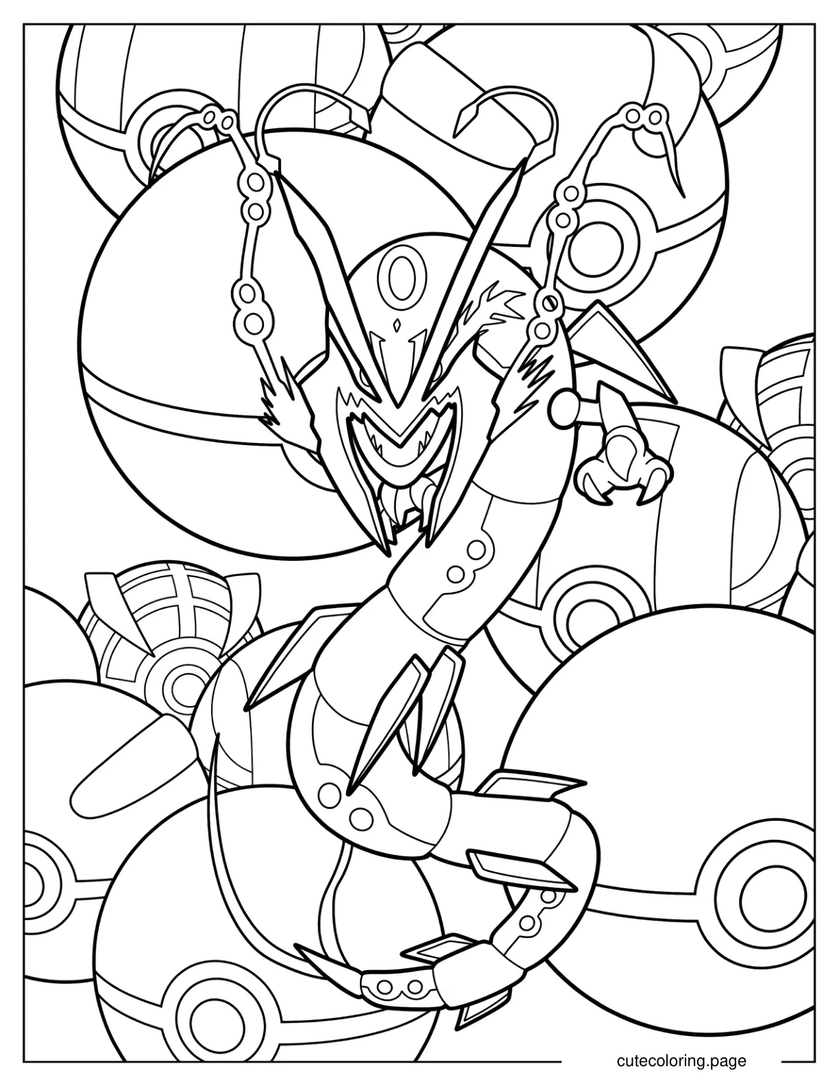 Rayquaza Surrounded By Pokeballs coloring page