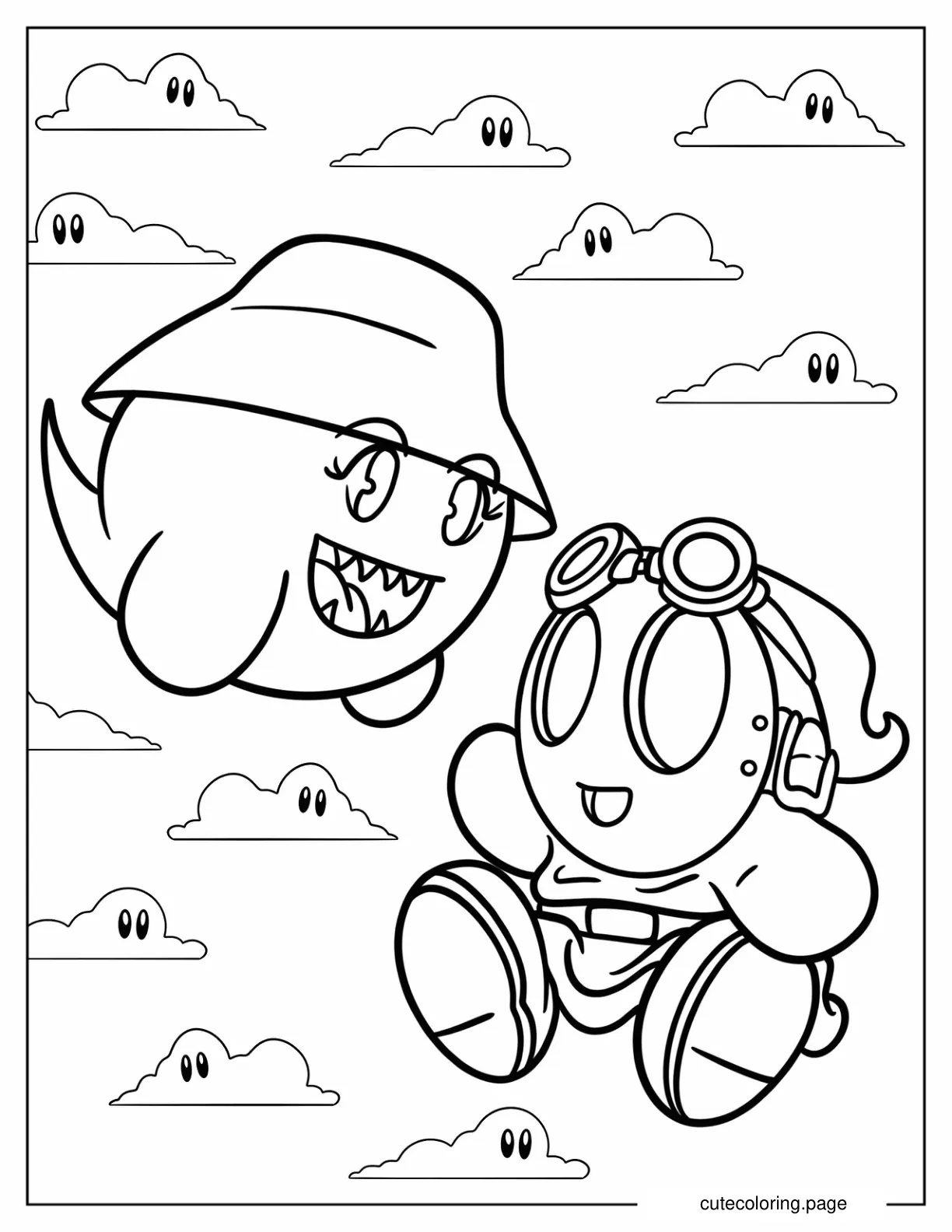 Boo In Bowl Hat And Shy Guy Wearing Aviator Glasses coloring page