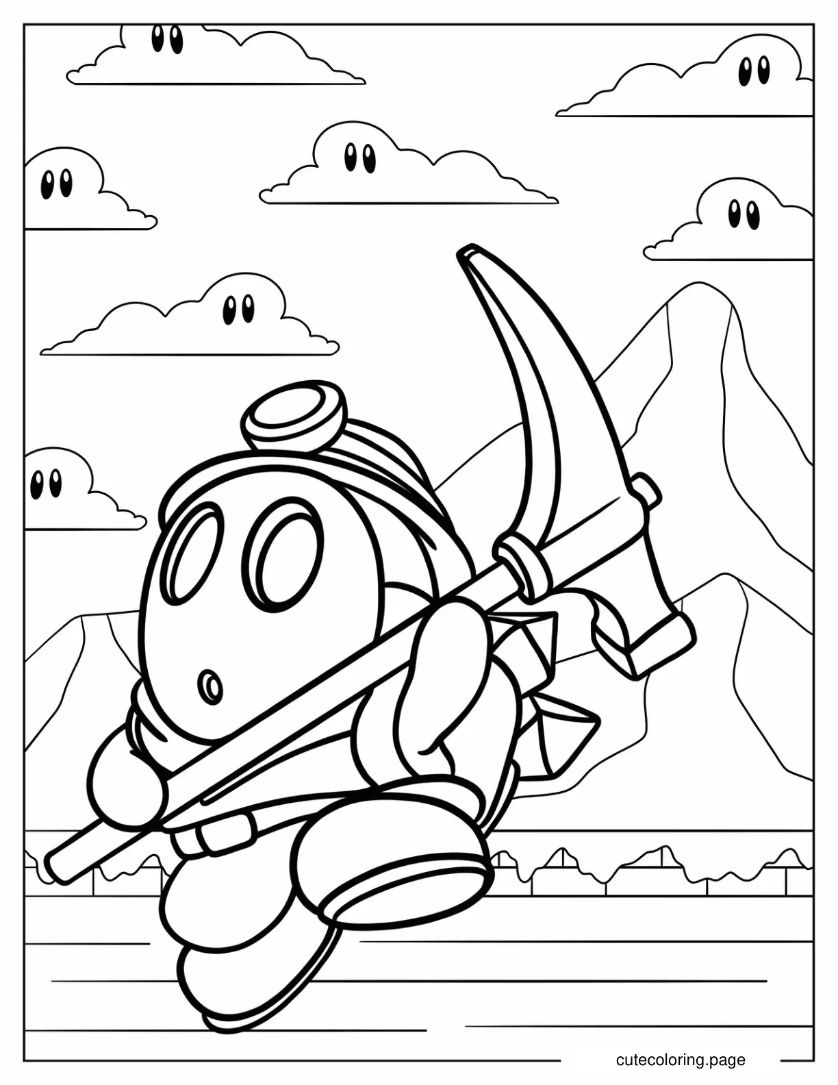 Miner Shy Guy Holding Pickaxe Coloring Sheet coloring page