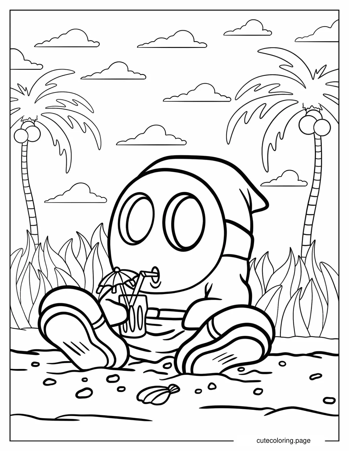 Shy Guy Drinking Beverage At The Beach coloring page