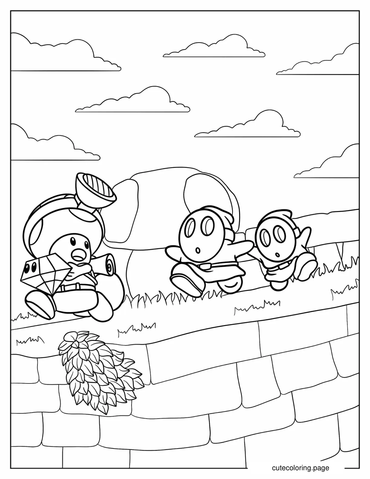 Shy Guys Chasing Miner Toad With Emerald Coloring Page coloring page