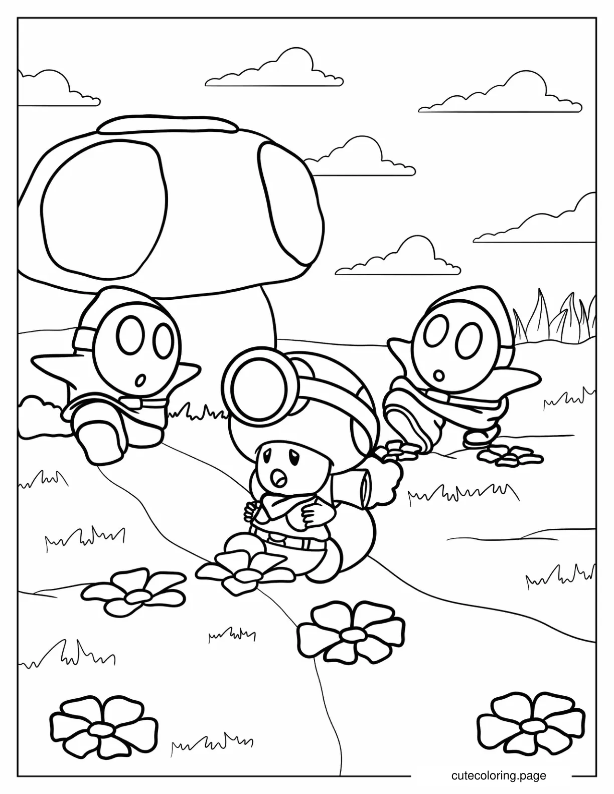 Shy Guys Running After Toad Coloring Page coloring page