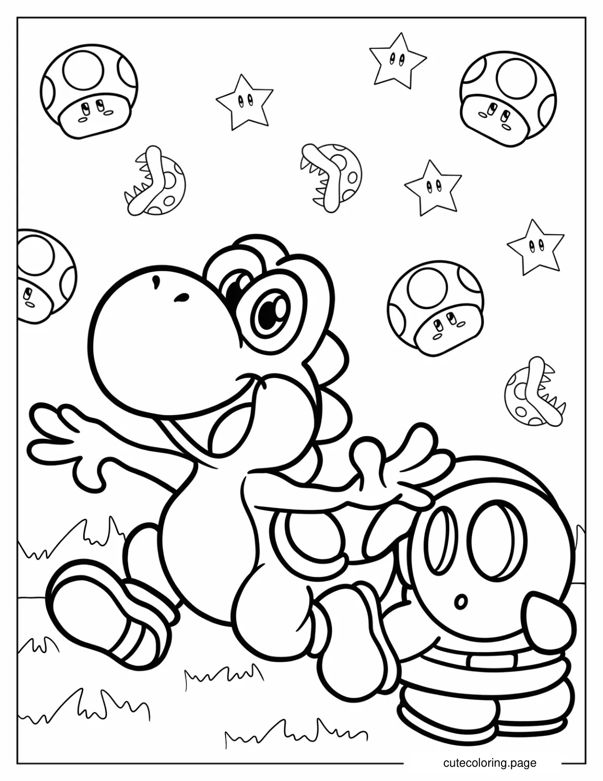 Yoshi And Shy Guy With Toads In The Background coloring page