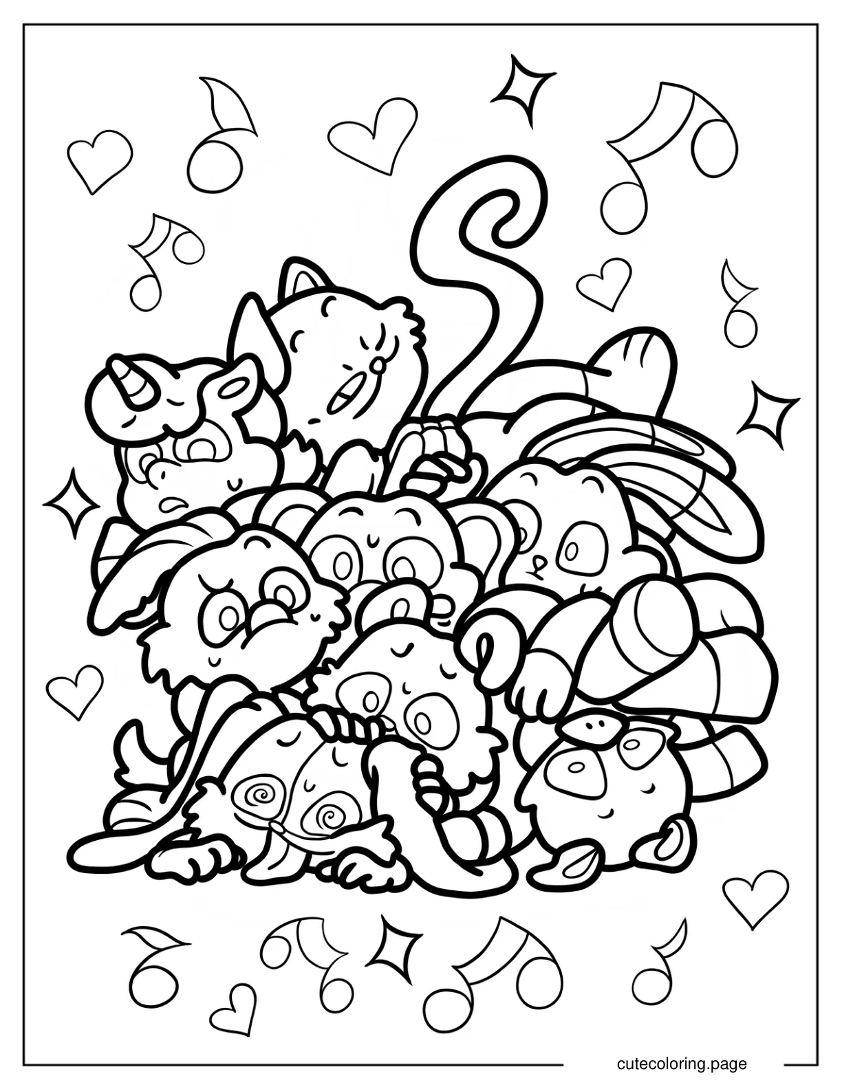 Kawaii Smiling Critters On Top Of Each Other Coloring Sheet coloring page