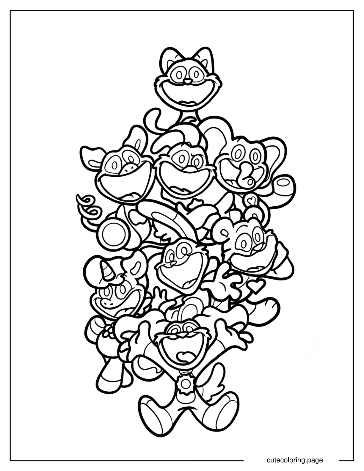 Smiling Critters Characters Cheering Coloring Sheet coloring page