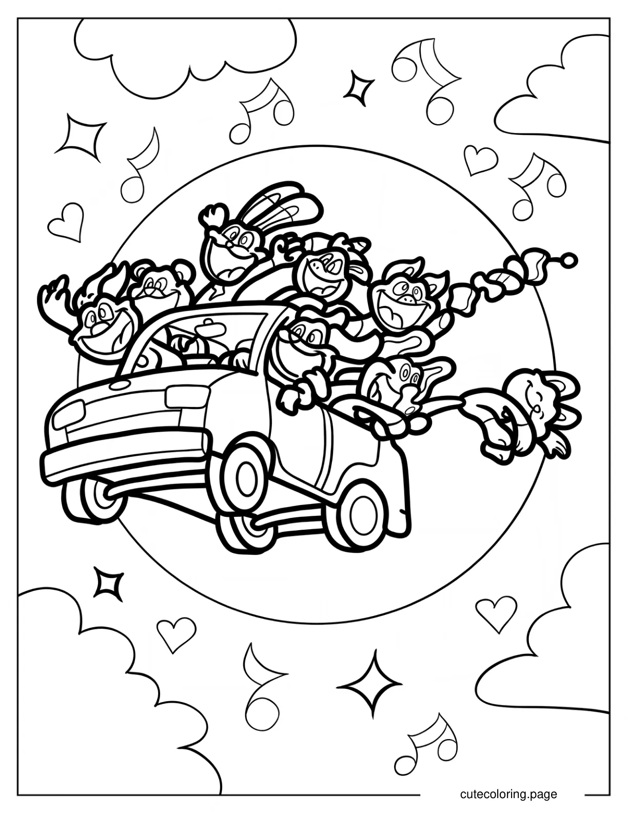 Smiling Critters On A Flying Car coloring page