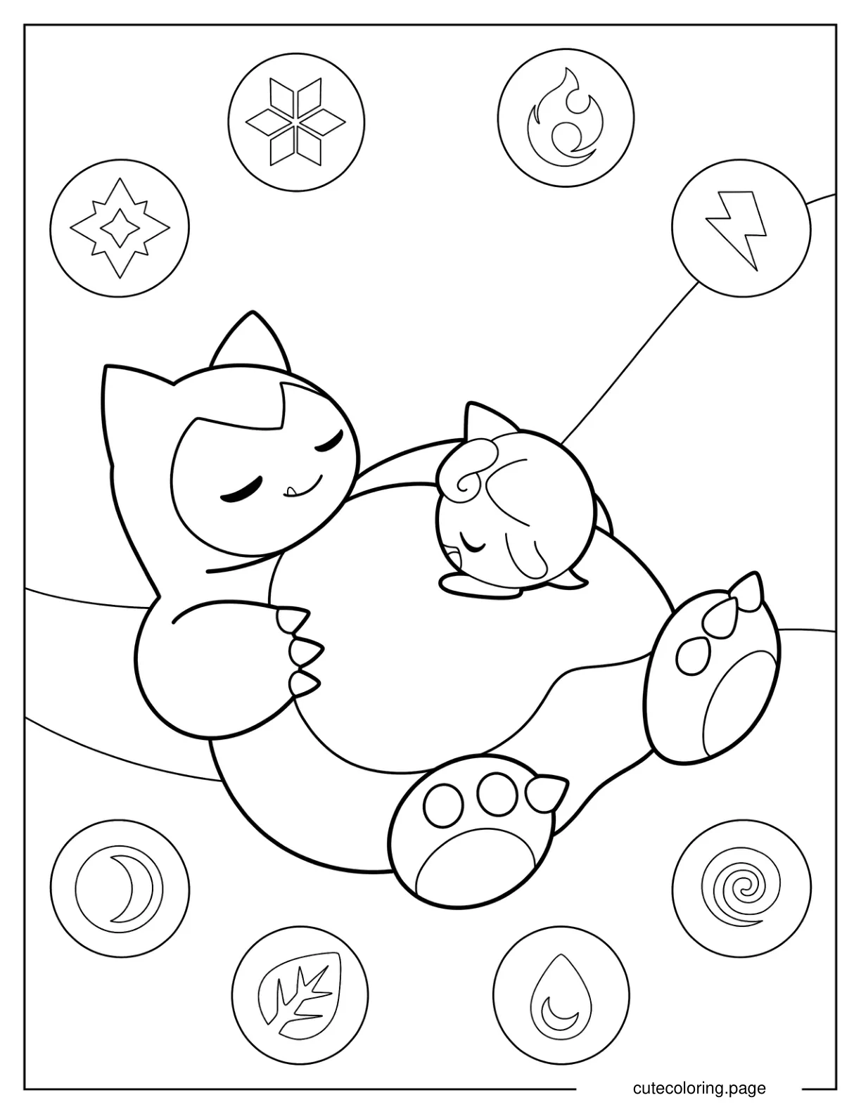 Jigglypuff Sleeping On Top Of Snorlax coloring page