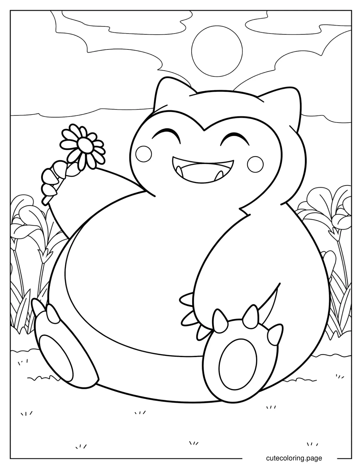 Kawaii Snorlax Holding Flower Coloring Sheet For Kids coloring page