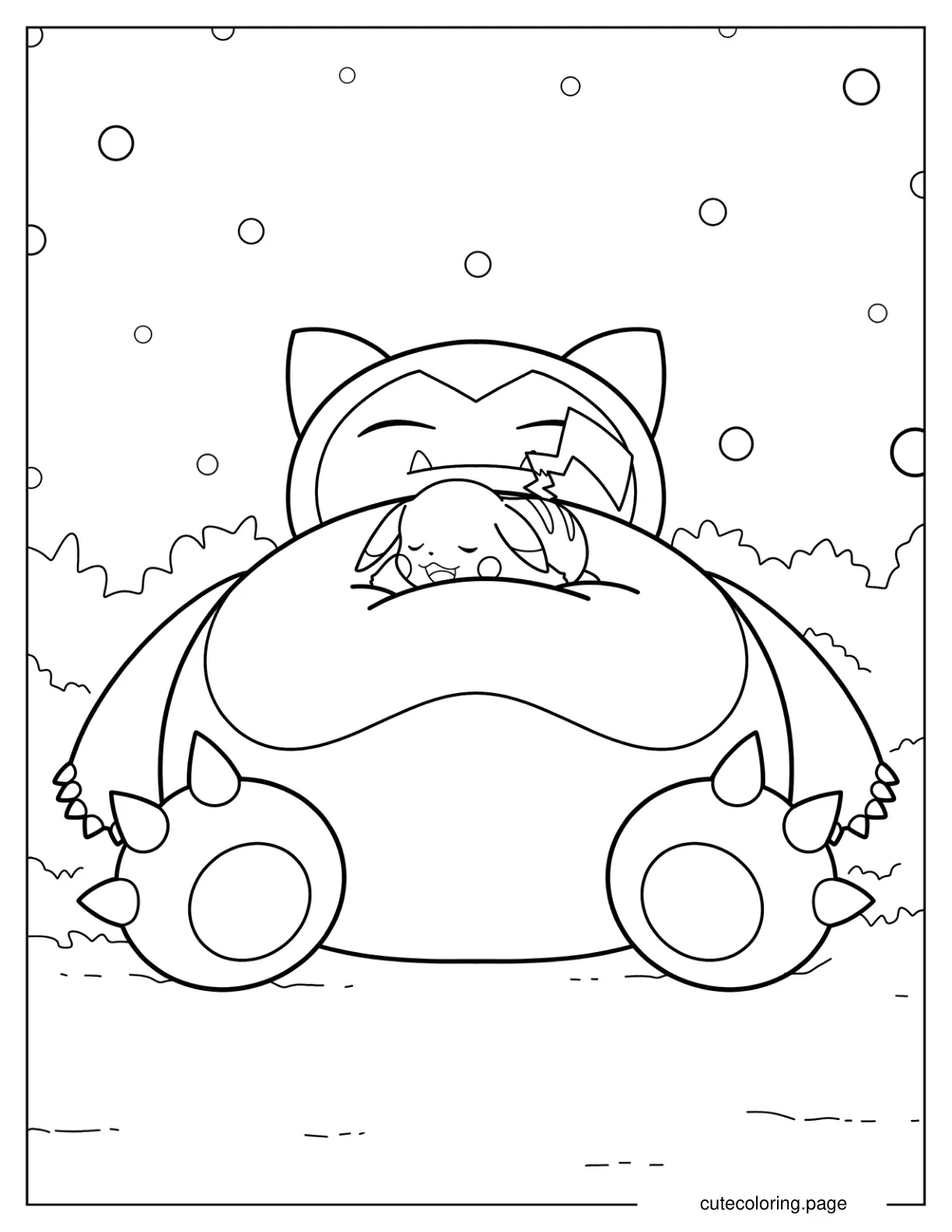 Pikachu Sleeping On Top Of Snorlax In Winter Coloring Sheet coloring page