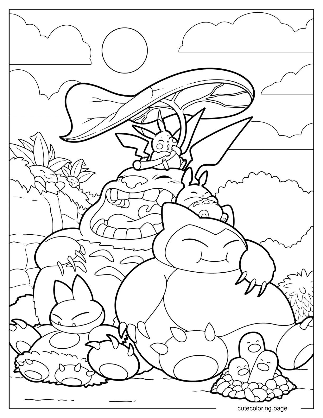 Snorlax Munchlax Dugtrio And Pikachu Sleeping Beside Totor Coloring Sheet coloring page