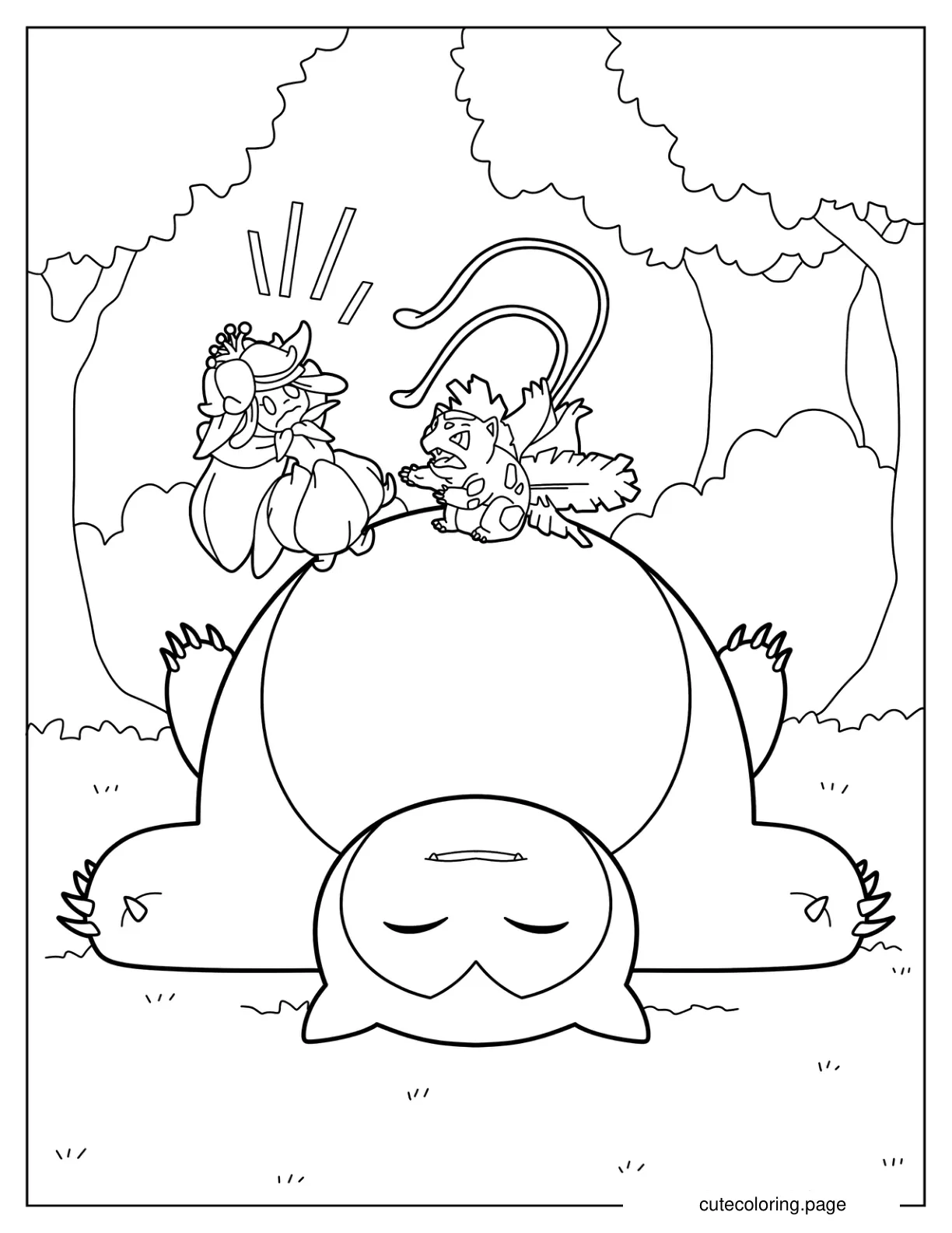 Squirtle And Lilligant Fighting On Stop Of Sleeping Snorlax coloring page