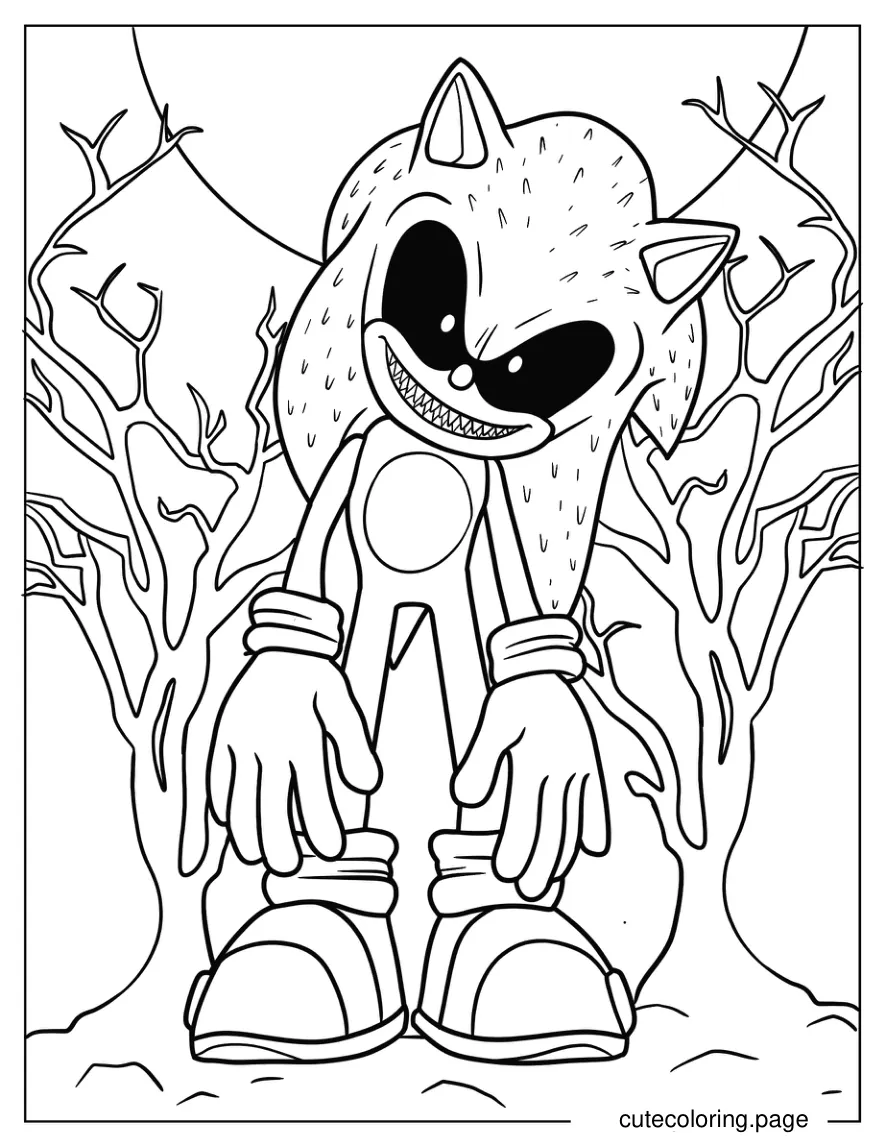 Creepy Sonic Exe With Dead Trees And Full Moon In Background coloring page