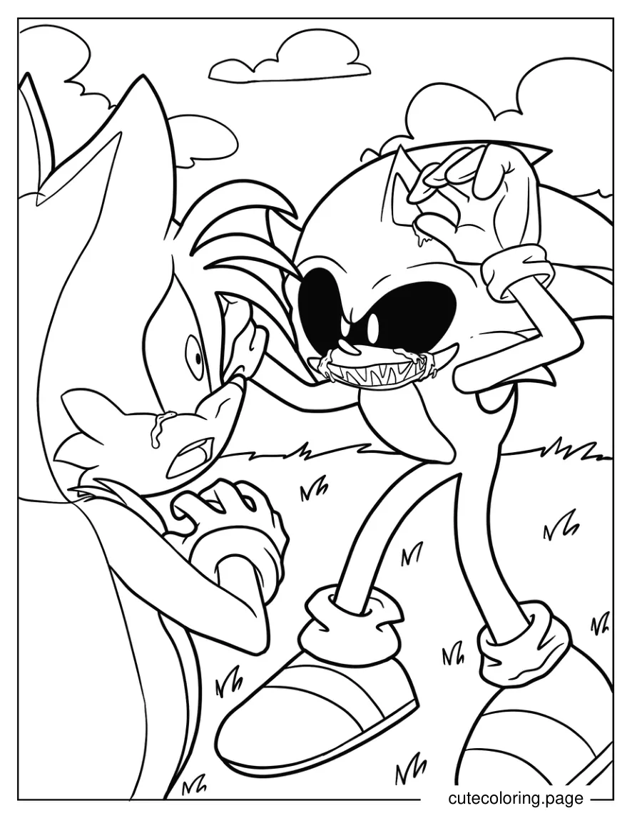 Scary Sonic Exe In Front Of Crying Tails coloring page