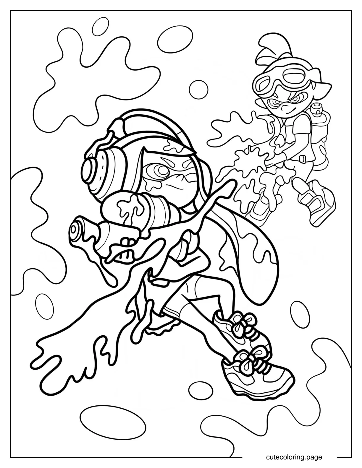 Blue Inkling Boy Shooting Orange Inkling Girl coloring page