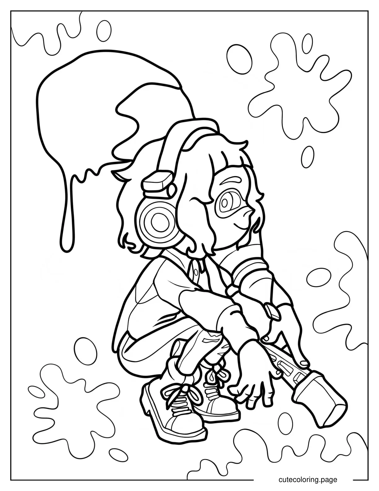 Kawaii Inkling Girl Crouching While Holding Inkjet coloring page