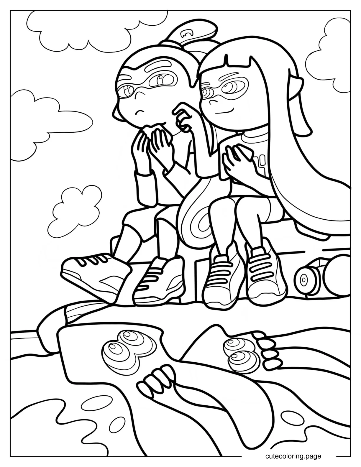 Orange Inkling Boy Sitting Next To Blue Inkling Girl After Battle coloring page