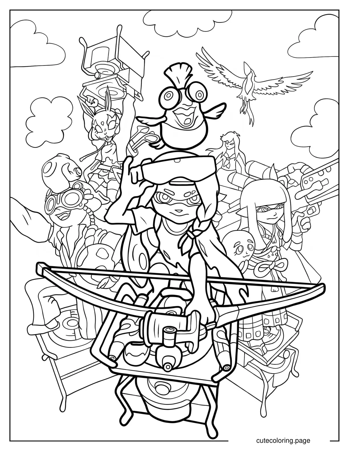 Splatoon Agent 3 With Crossbow And Squad Coloring Page coloring page