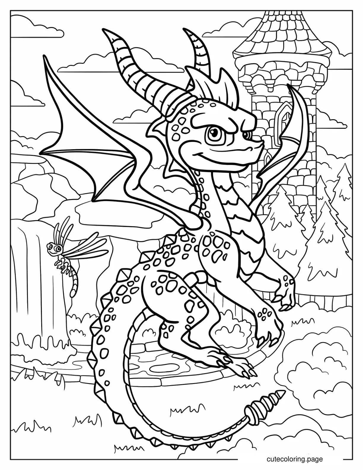 Mighty Spyro Flying In Front Of Castle Coloring Page coloring page