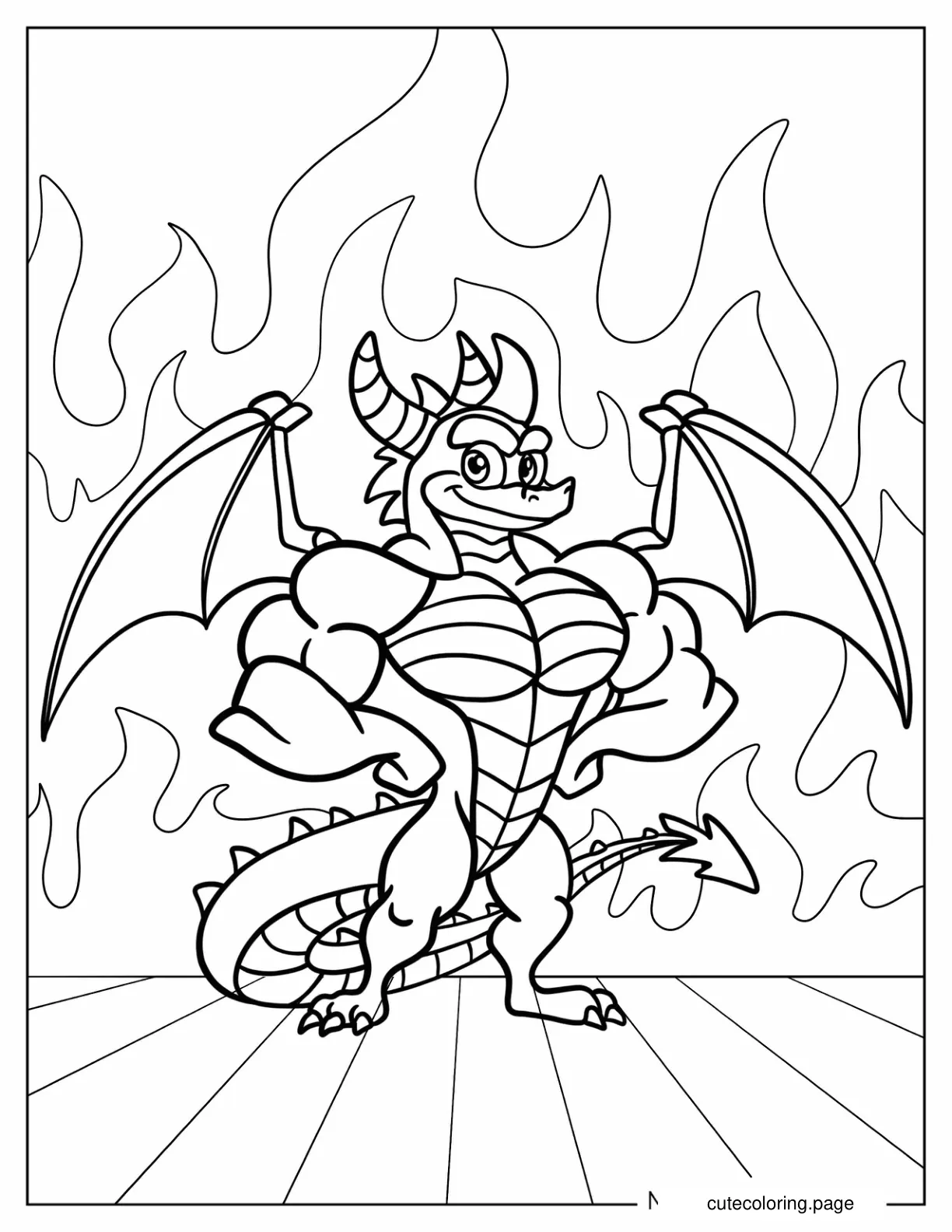 Muscular Spyro Standing In Front Of Flames coloring page