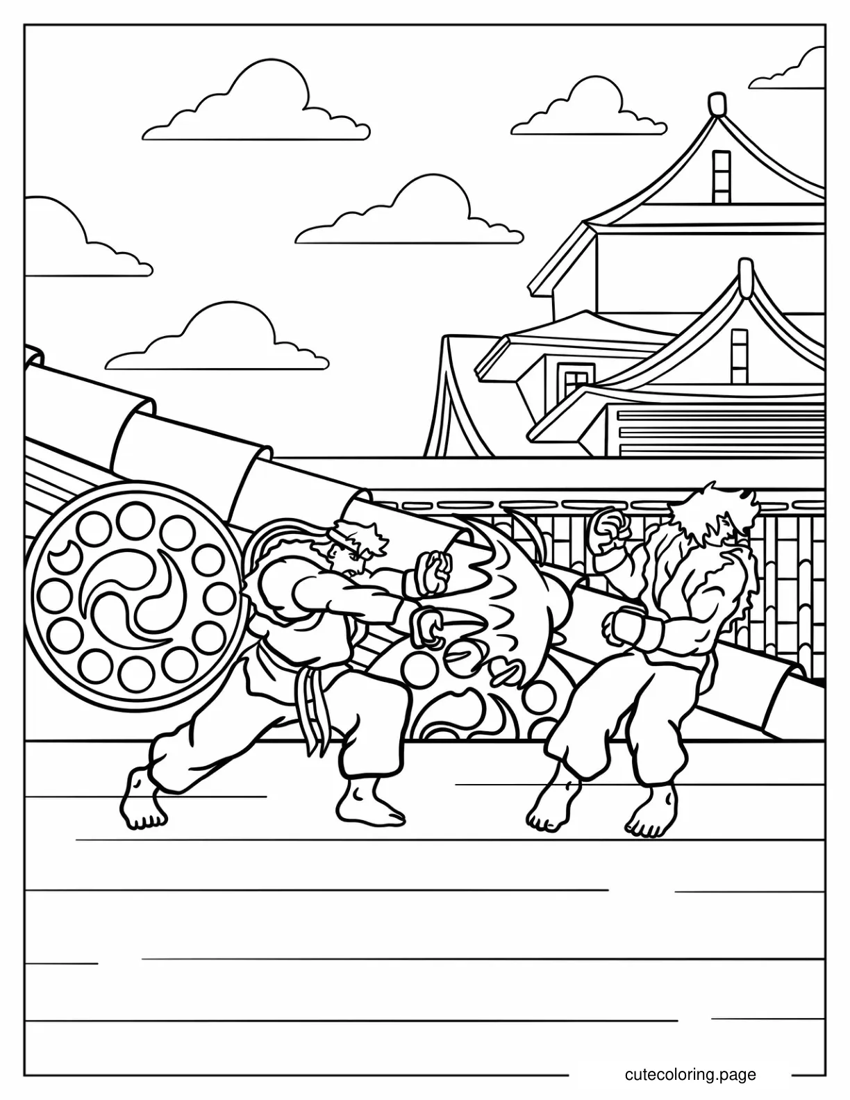 Street Fighter Ryu Punching Ken Masters Coloring Sheet For Kids coloring page