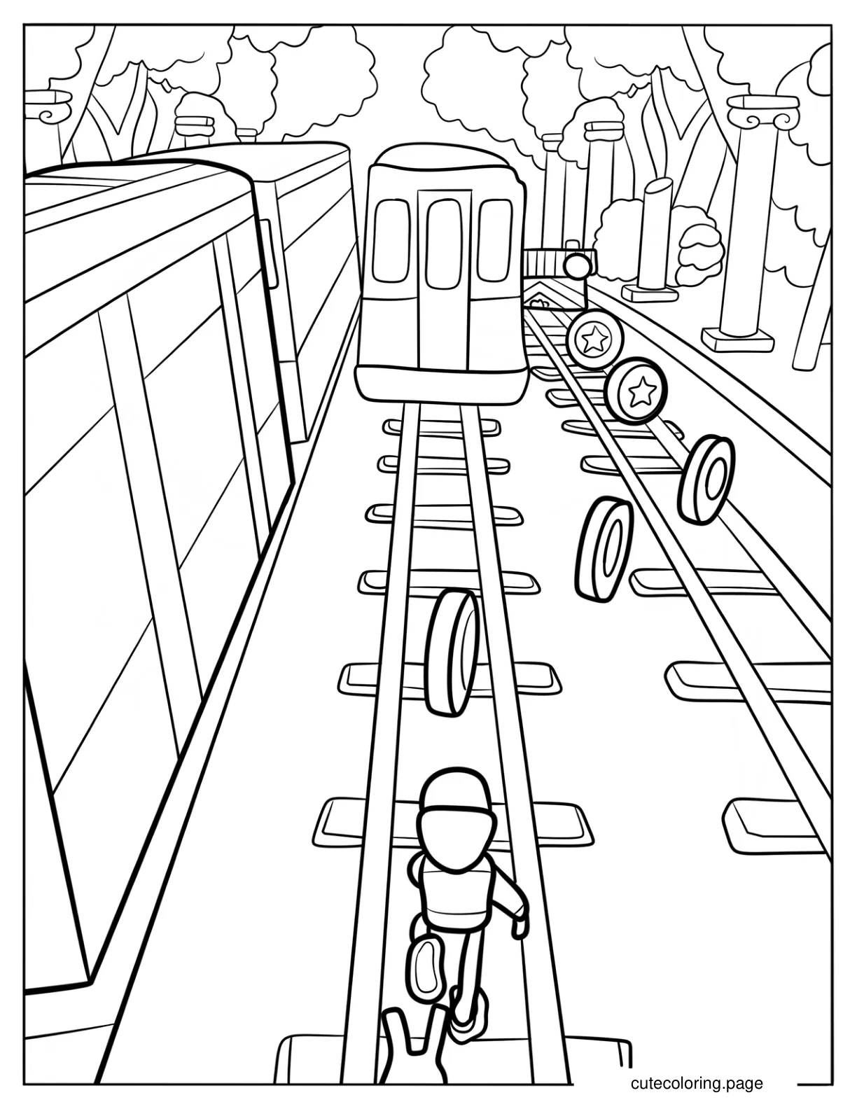 Jake Chasing Gold Coins Behind A Subway Coloring Sheet coloring page