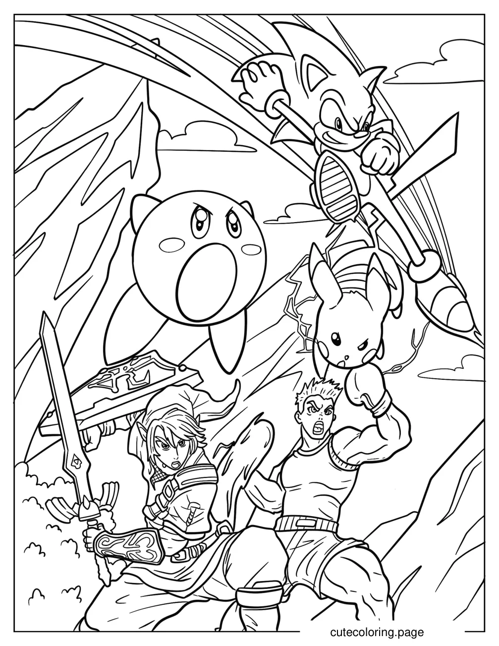 Kirby Pikachu Zelda Sonic And Little Mac Super Smash Bros Coloring Page coloring page