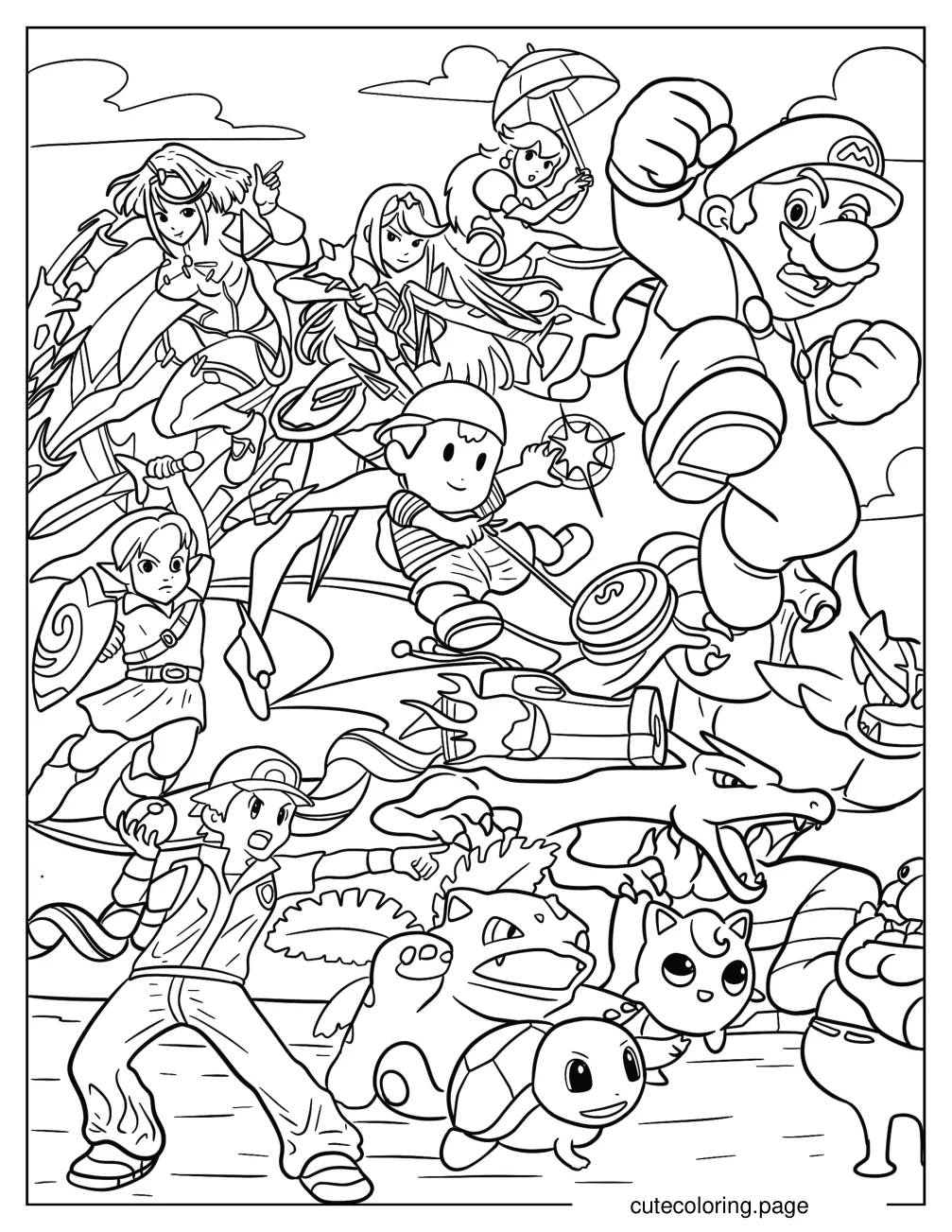 Mario Zelda Princess Peach And Pokemon Super Smash Bros Coloring Page coloring page