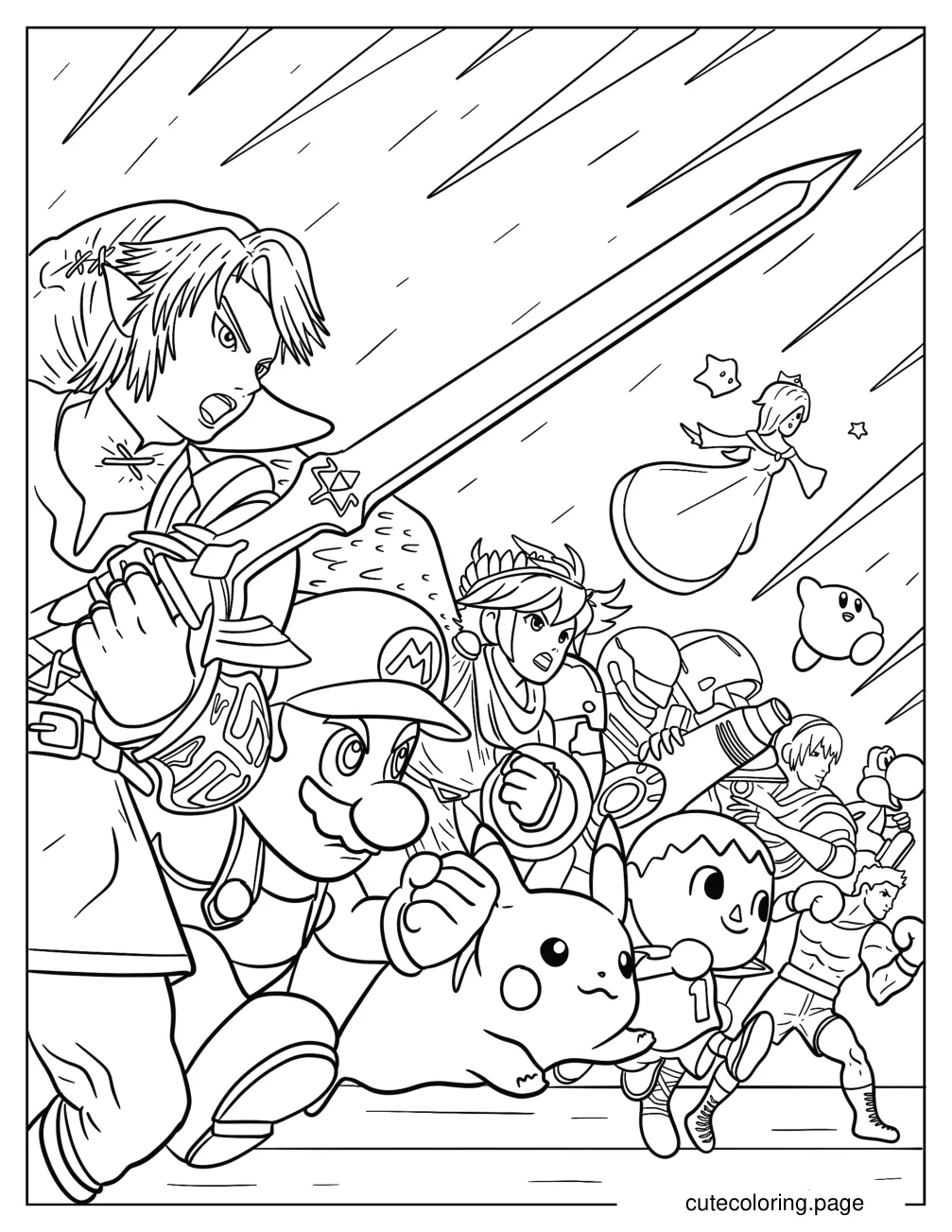 Super Smash Bros Characters Fighting Coloring Page For Kids coloring page