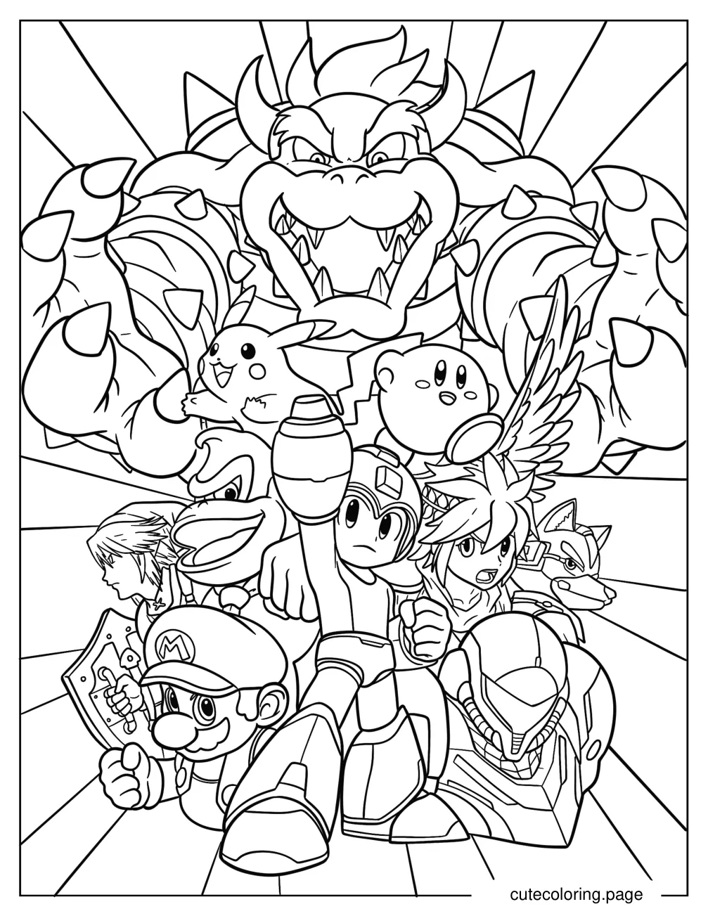 Super Smash Bros Mega Man Dark Bowser Zelda Mario Kid Icarus .Star Fox Kirby Donkey Kong And Pikachu coloring page