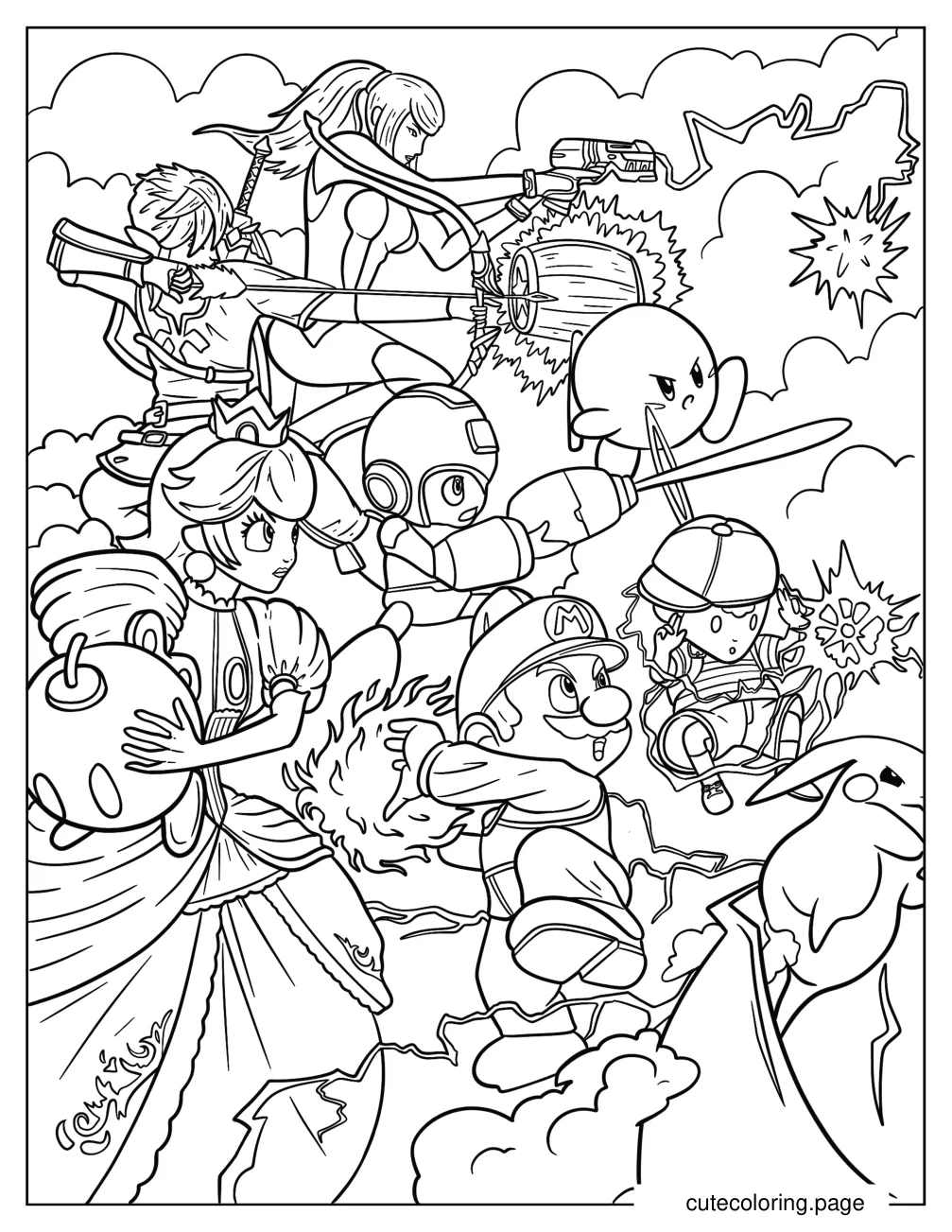 Super Smash Bros Princess Peach Mega Man Zelda Samus Mario Kirby Pikachu And Ness Coloring Page  coloring page