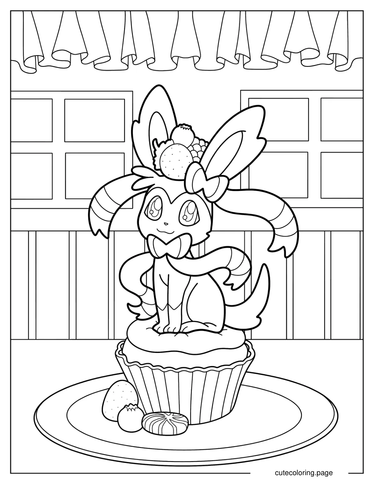 Cute Sylveon Sitting On Top Of Cupcake coloring page