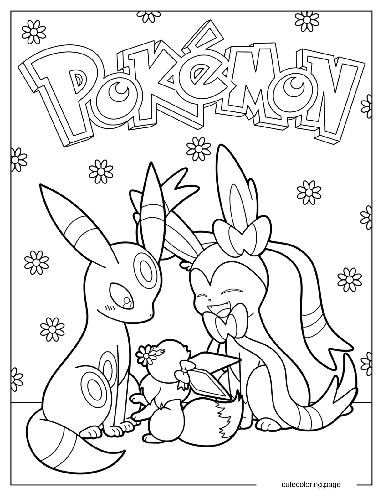 Sylveon And Umbreon Looking At Eevee Pokemon Poster coloring page