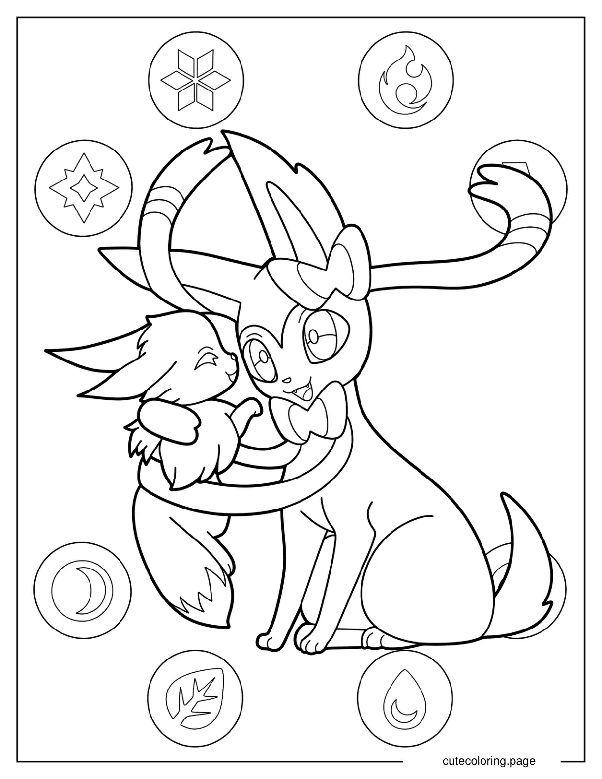 Sylveon Embracing Baby Eevee Coloring Page coloring page