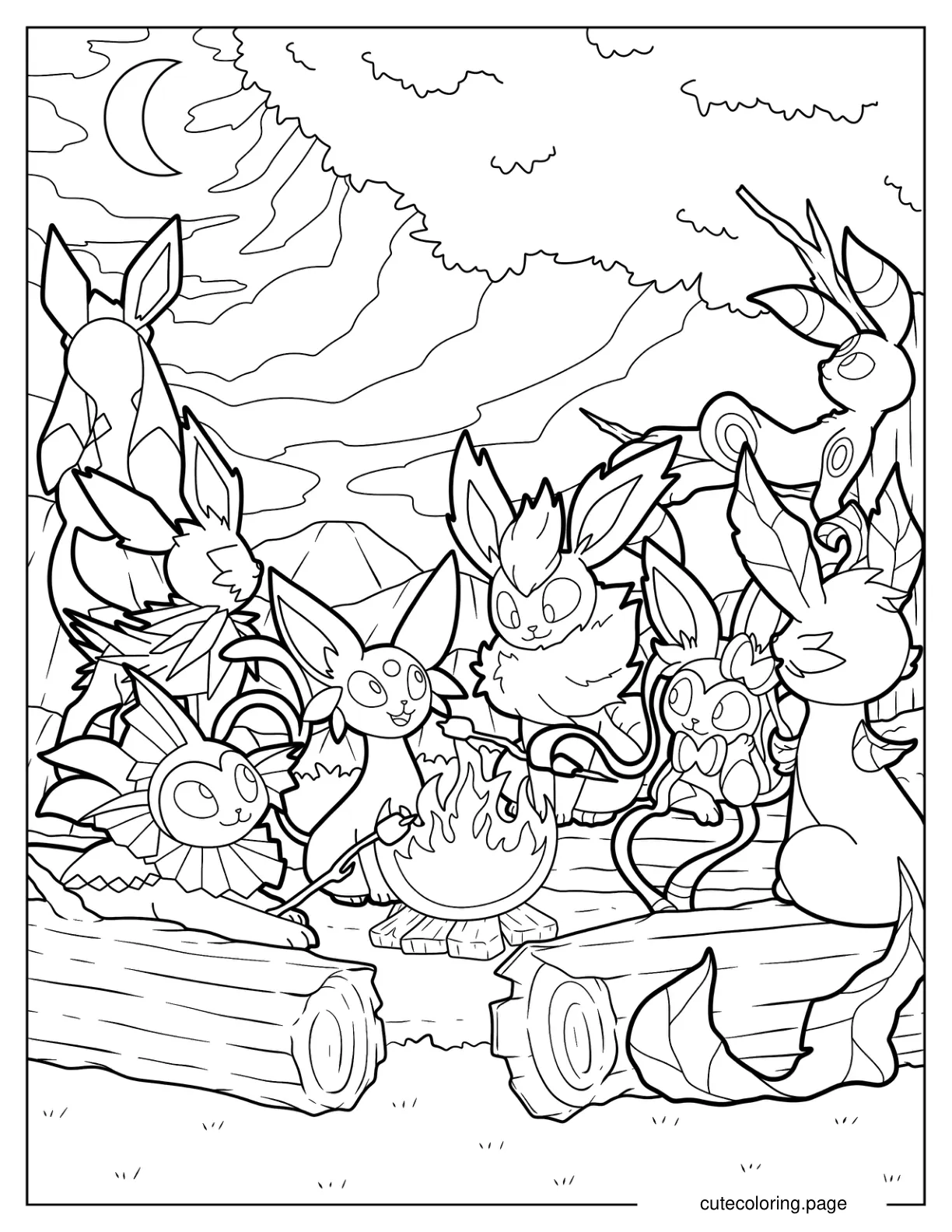 Sylveon With Other Eevee Evolutions Around Bonfire coloring page